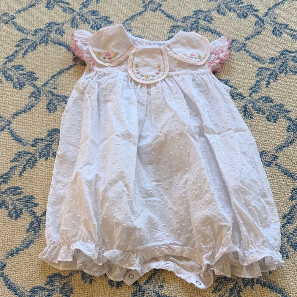 Luli & Me White Romper with Pink and Green Embroidery